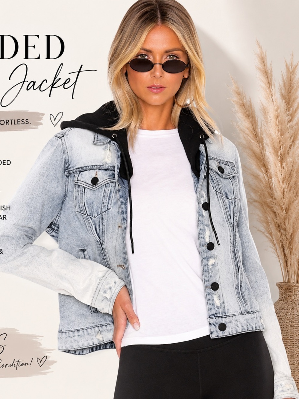 Blank NYC Light Wash Denim Jacket with Black Hooded Lining